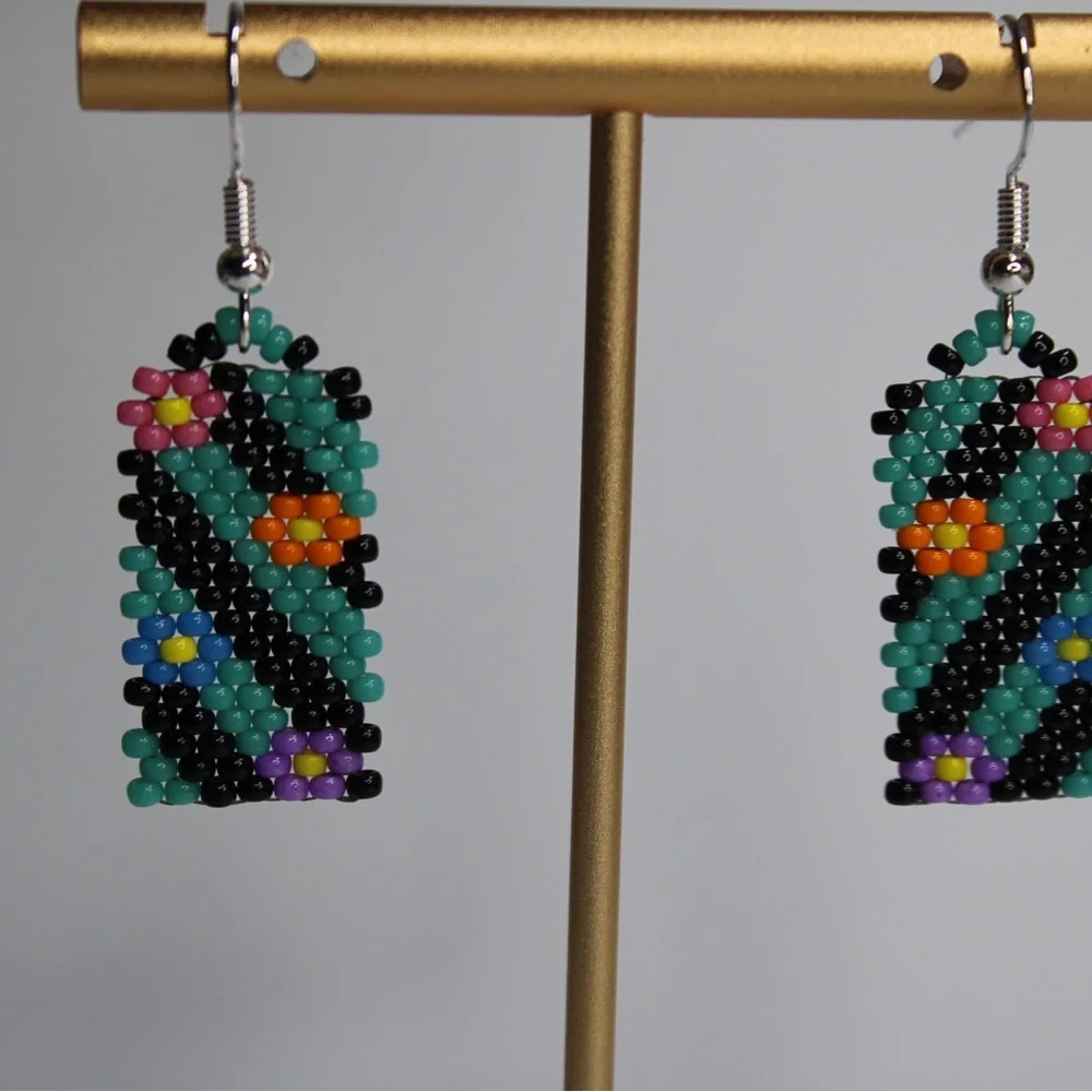 Seed Bead Earrings Turquoise Black Flowers 1.5” Beaded‎ Earrings Handmade